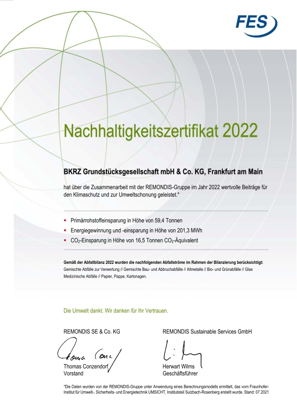 Nachhaltigkeitszertifikat 2022 der FES für die BKRZ | © BKRZ GmbH & Co. KG