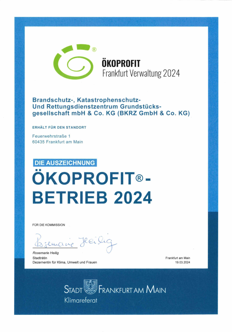 BKRZ - Urkunde Auszeichnung Ökoprofit-Betrieb 2024